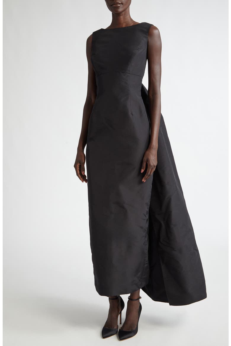 Watteau Silk Satin Gown, Main, color, BLACK