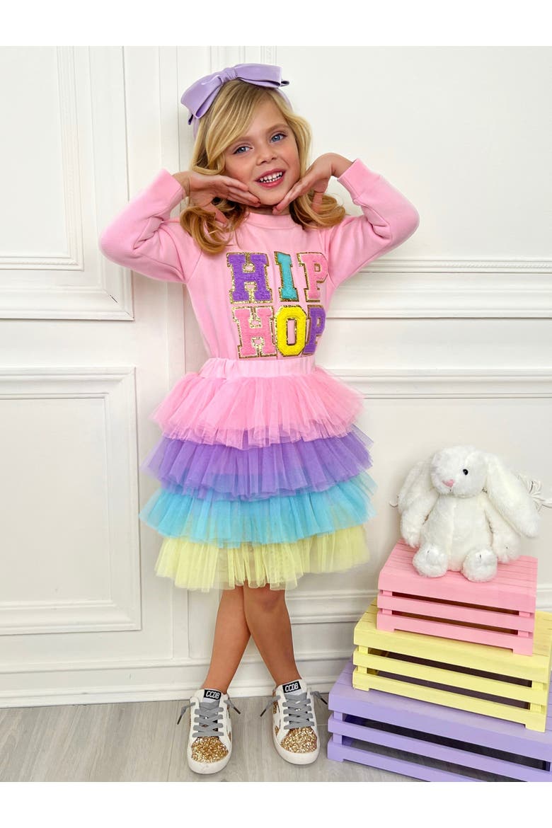 Girls Hip Hop Sparkle Sweatshirt Tutu Skirt Set, Alternate, color, Pink