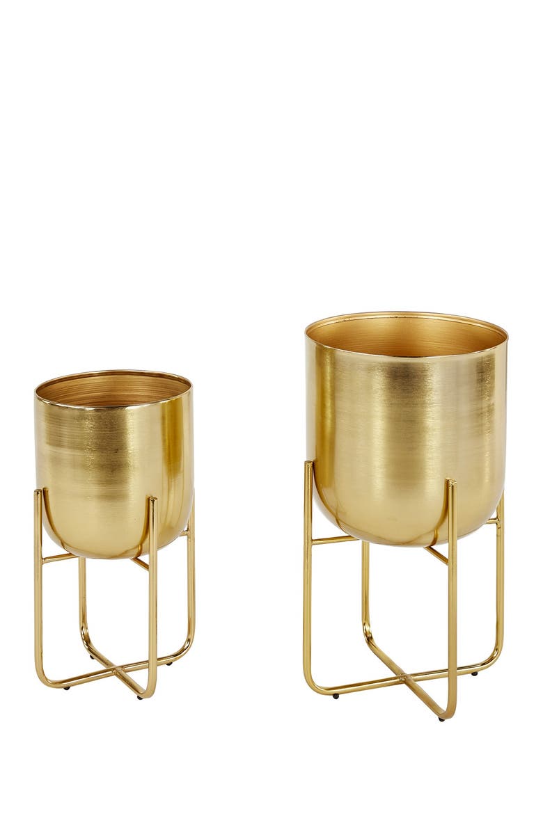 VIVIAN LUNE HOME Goldtone Metal Contemporary Planter with Removable Stand - Set of 2, Main, color, Gold