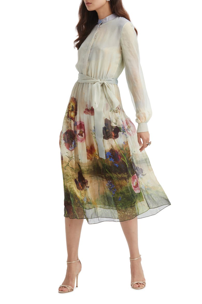 Floral Long Sleeve Silk Chiffon Dress, Main, color, IVORY MULTI