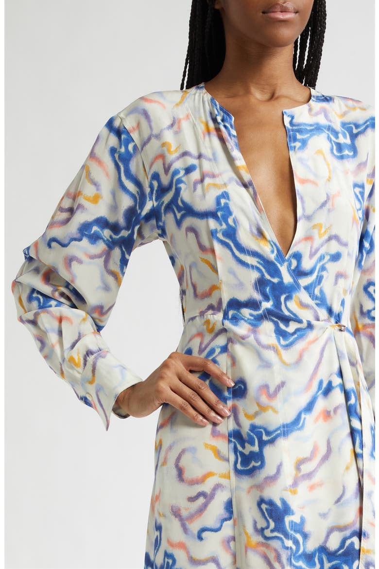 Adalyn Ikat Wave Print Long Sleeve Silk Crêpe de Chine Midi Dress, Alternate, color, PRISM
