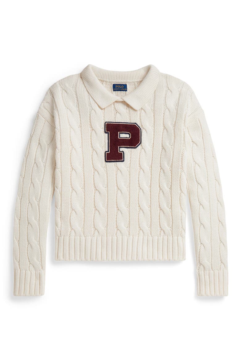 Kids' Cable Knit Cotton Polo Sweater, Main, color, WHITE