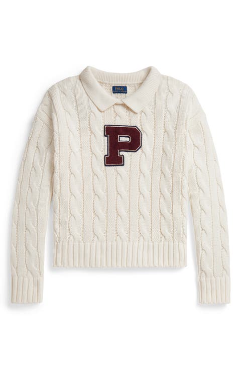 Kids' Cable Knit Cotton Polo Sweater