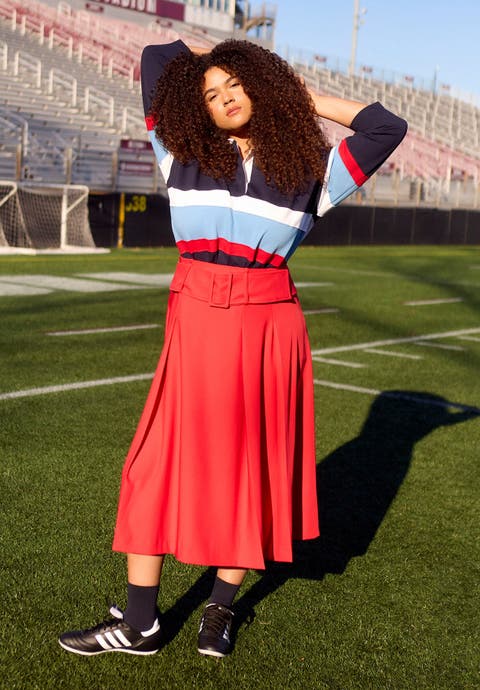 Pleated Belted Midi Skirt (Plus)