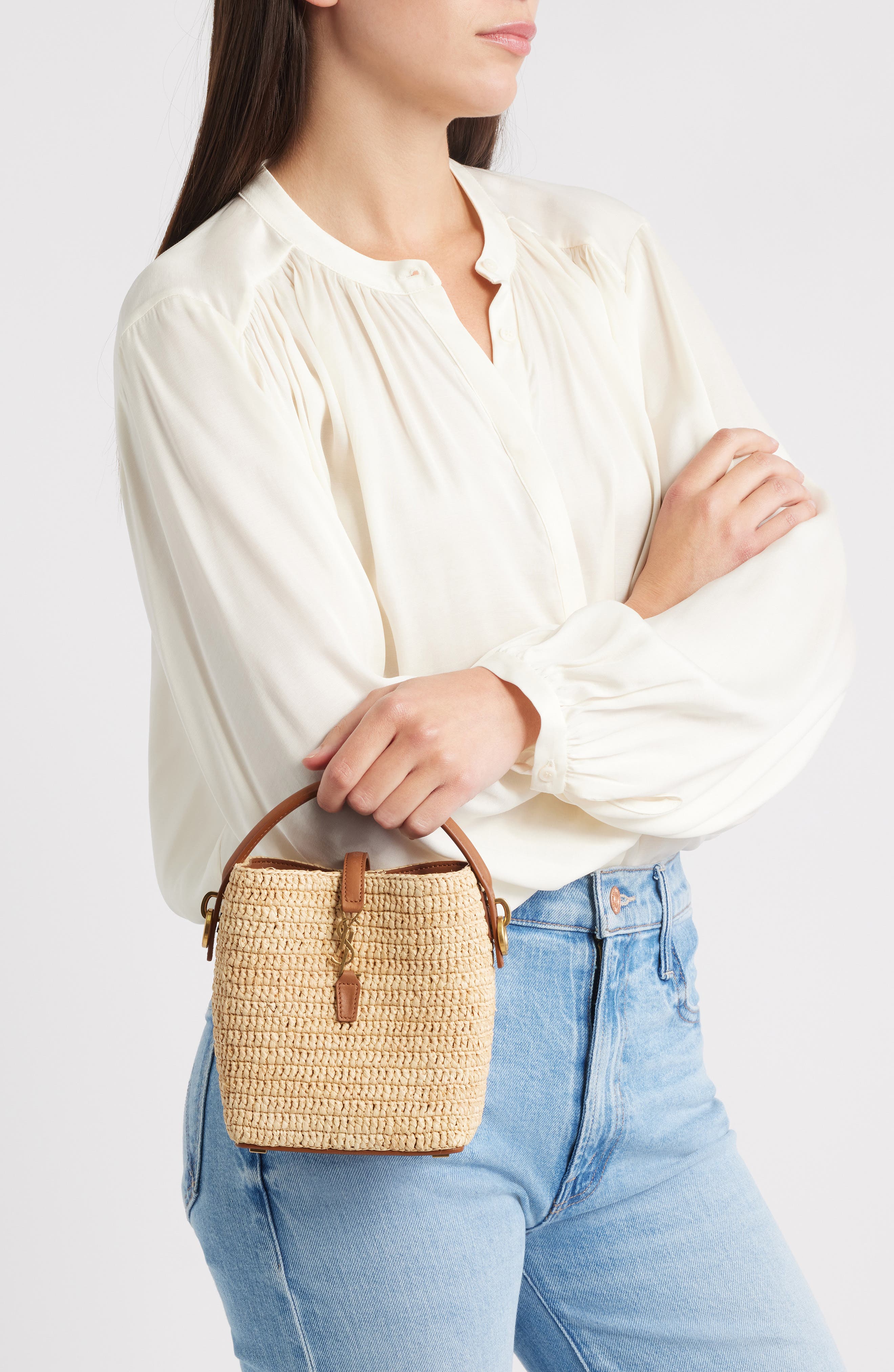 Saint Laurent Mini Le 37 Raffia Bucket Bag, Alternate, color, Naturel/ Brick