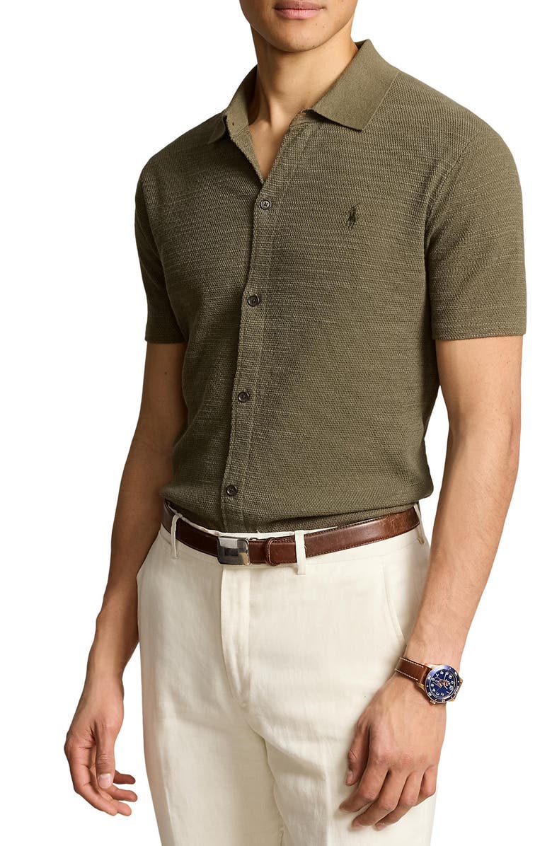 Polo Ralph Lauren Slub Short Sleeve Cotton Knit Button-Up Shirt, Main, color, 