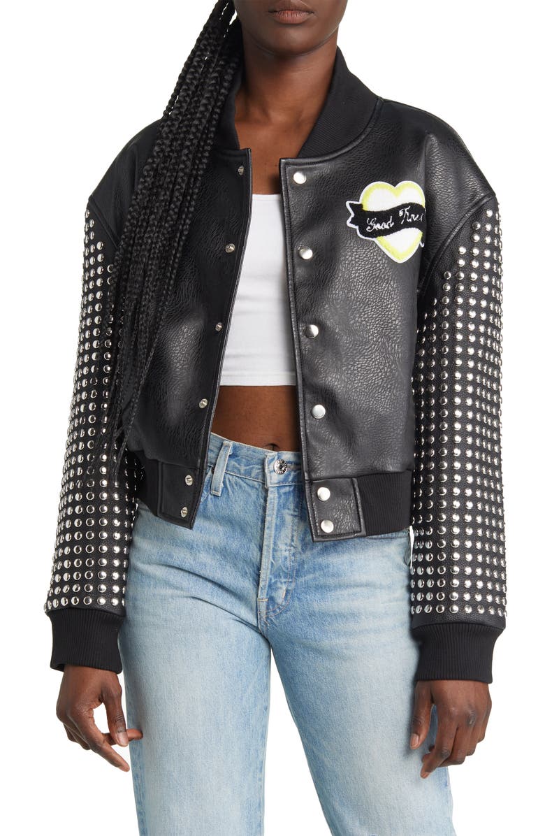 AZALEA WANG Stud Faux Leather Snap Bomber Jacket, Main, color,