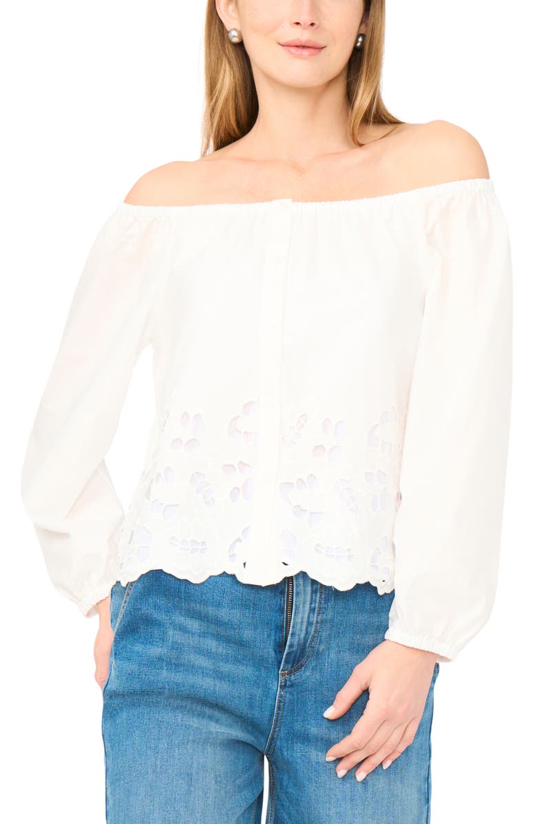 Vince Camuto Button-Up Off the Shoulder Top, Main, color, Ultra White