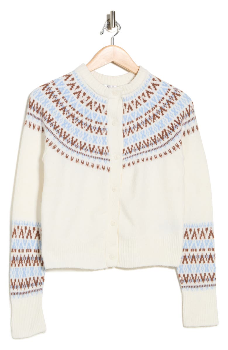 Madden Girl Fair Isle Jacquard Crewneck Crop Cardigan, Alternate, color, Ivory Combo