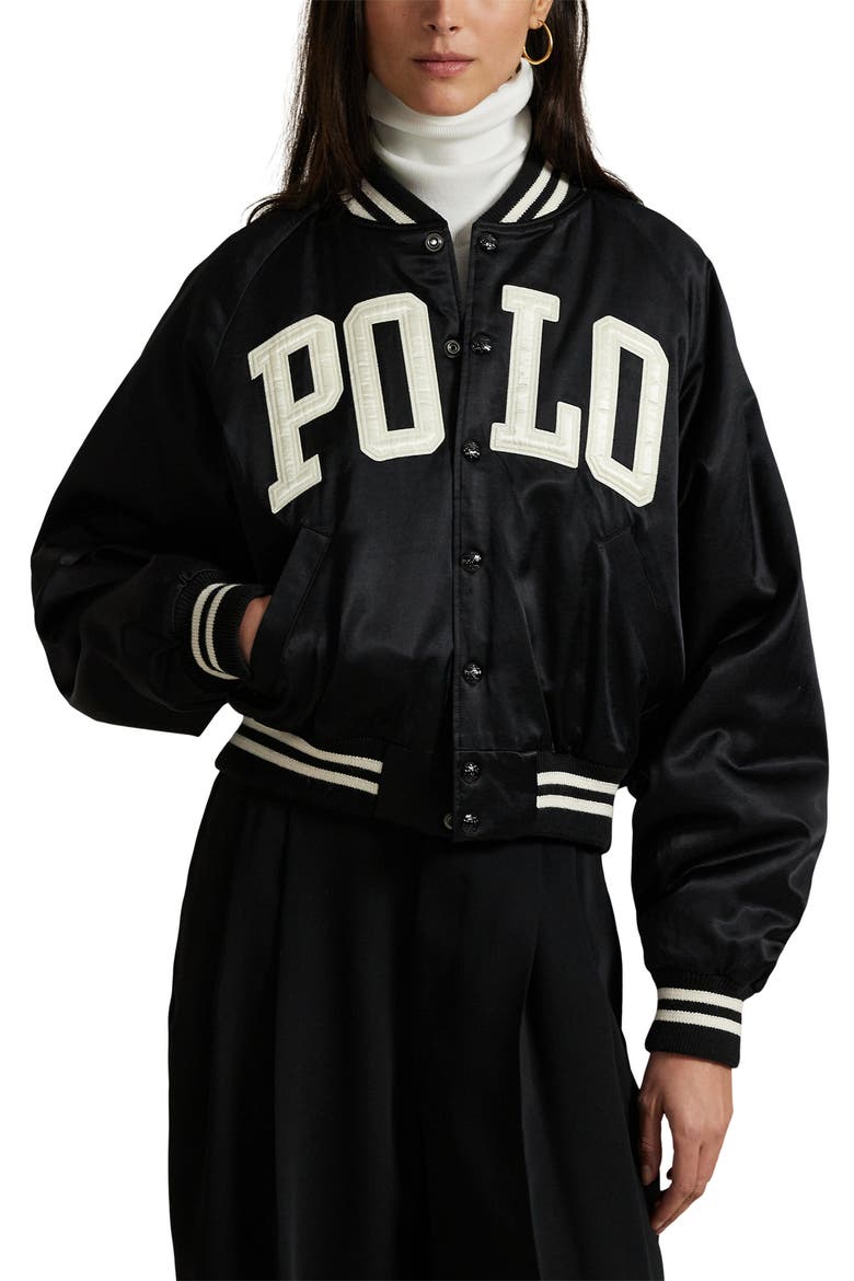 Logo Satin Bomber Jacket, Main, color, POLO BLACK