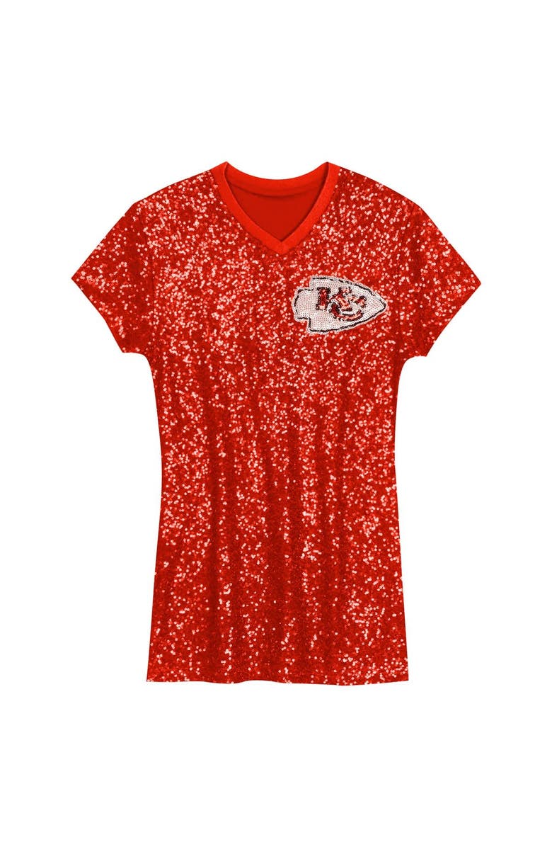 Outerstuff Girls Youth Patrick Mahomes Red Kansas City Chiefs Sequin Player Name & Number V-Neck Dress, Alternate, color, Red