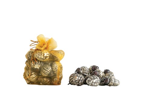 Embossed Mercury Glass Ornaments in Organza Bag, Distressed Gray, Set of 36