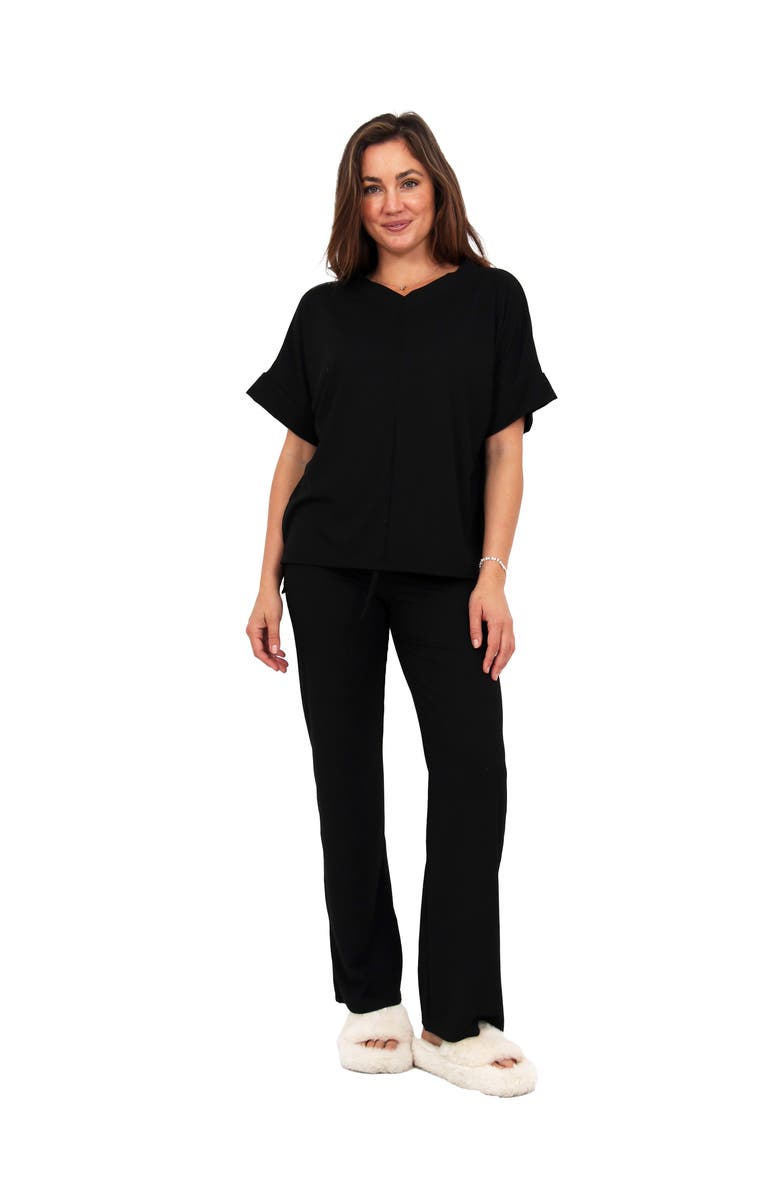 24seven Comfort Apparel Womens Basic Ribbed Knit Dolman Sleeve V-Neck Top and Drawstring Wide Leg Pant Set, Main, color, Black