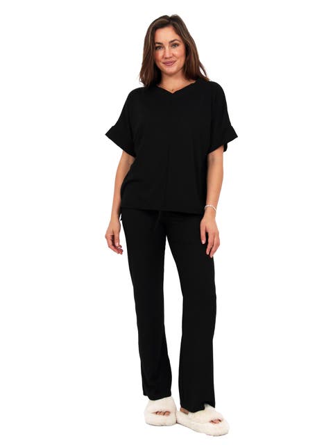 Womens Basic Ribbed Knit Dolman Sleeve V-Neck Top and Drawstring Wide Leg Pant Set