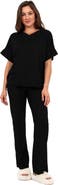24seven Comfort Apparel Womens Basic Ribbed Knit Dolman Sleeve V-Neck Top and Drawstring Wide Leg Pant Set