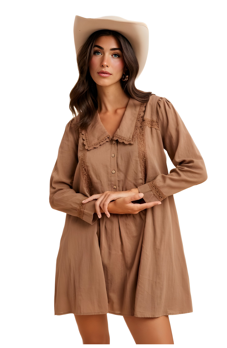 Knit and Lounge Long Sleeve Button-Front Babydoll Dress with Crochet Trim, Alternate, color, 