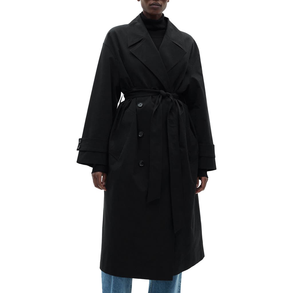 Mango Oversize Tie Waist Double Breasted Trench Coat In Black