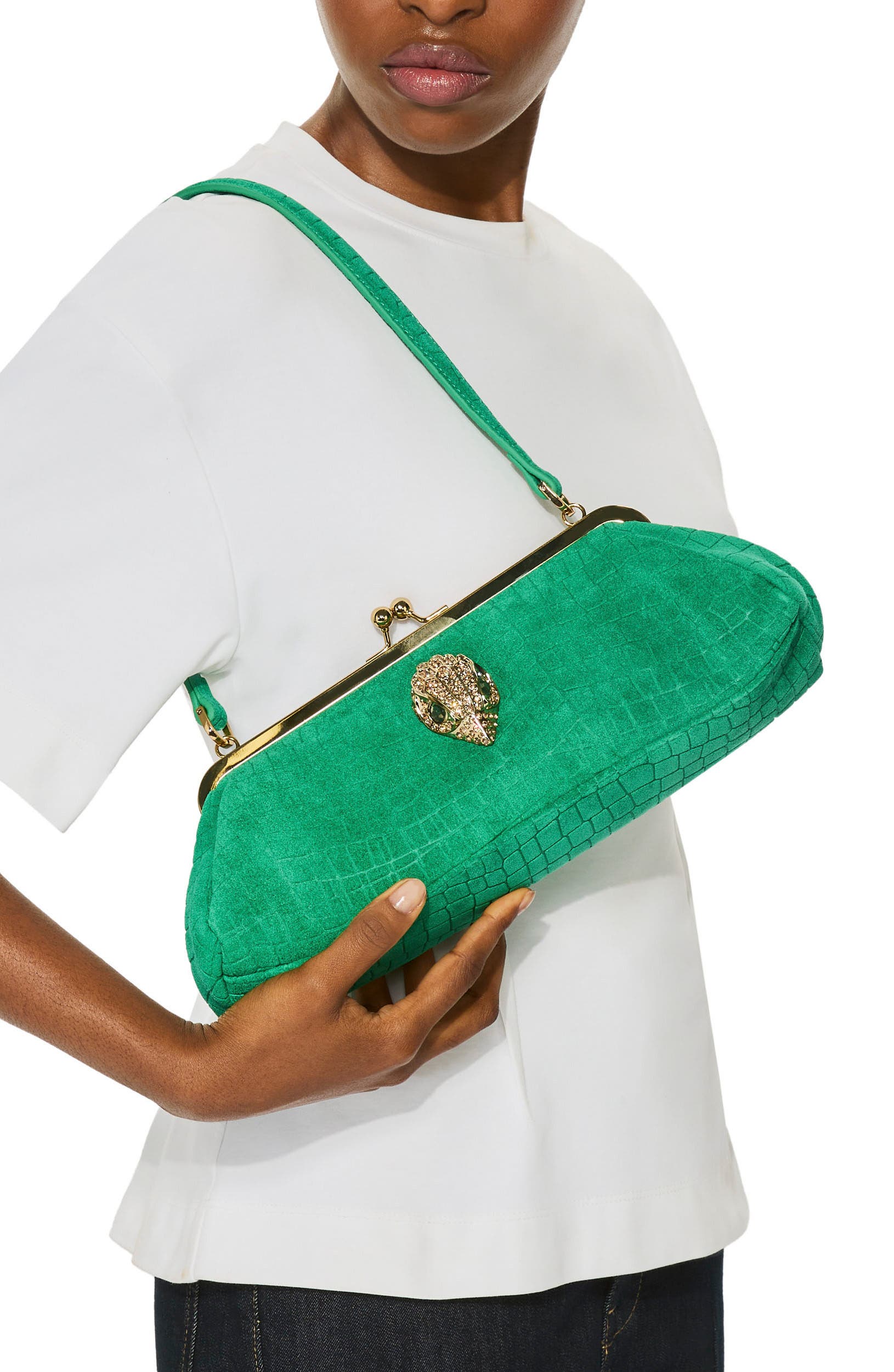 Kensington Croc Embossed Leather Frame Bag, Alternate, color, GREEN
