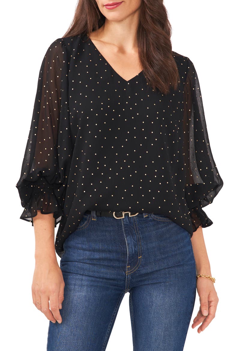 Polka Dot Balloon Sleeve Blouse, Main, color, RICH BLACK