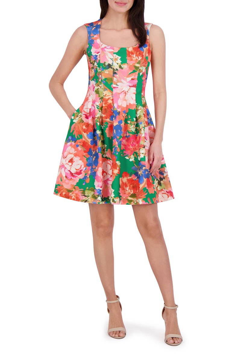 Vince Camuto Floral Pleated Scuba Knit Fit & Flare Dress, Main, color, 