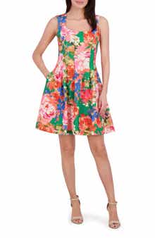 Vince Camuto Floral Pleated Scuba Knit Fit & Flare Dress