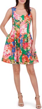 Vince Camuto Floral Pleated Scuba Knit Fit & Flare Dress