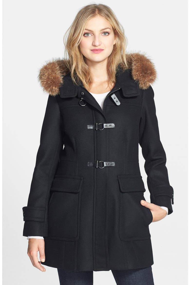 Genuine Coyote Fur Trim Wool Blend Duffle Coat, Main, color, OLD BLACK