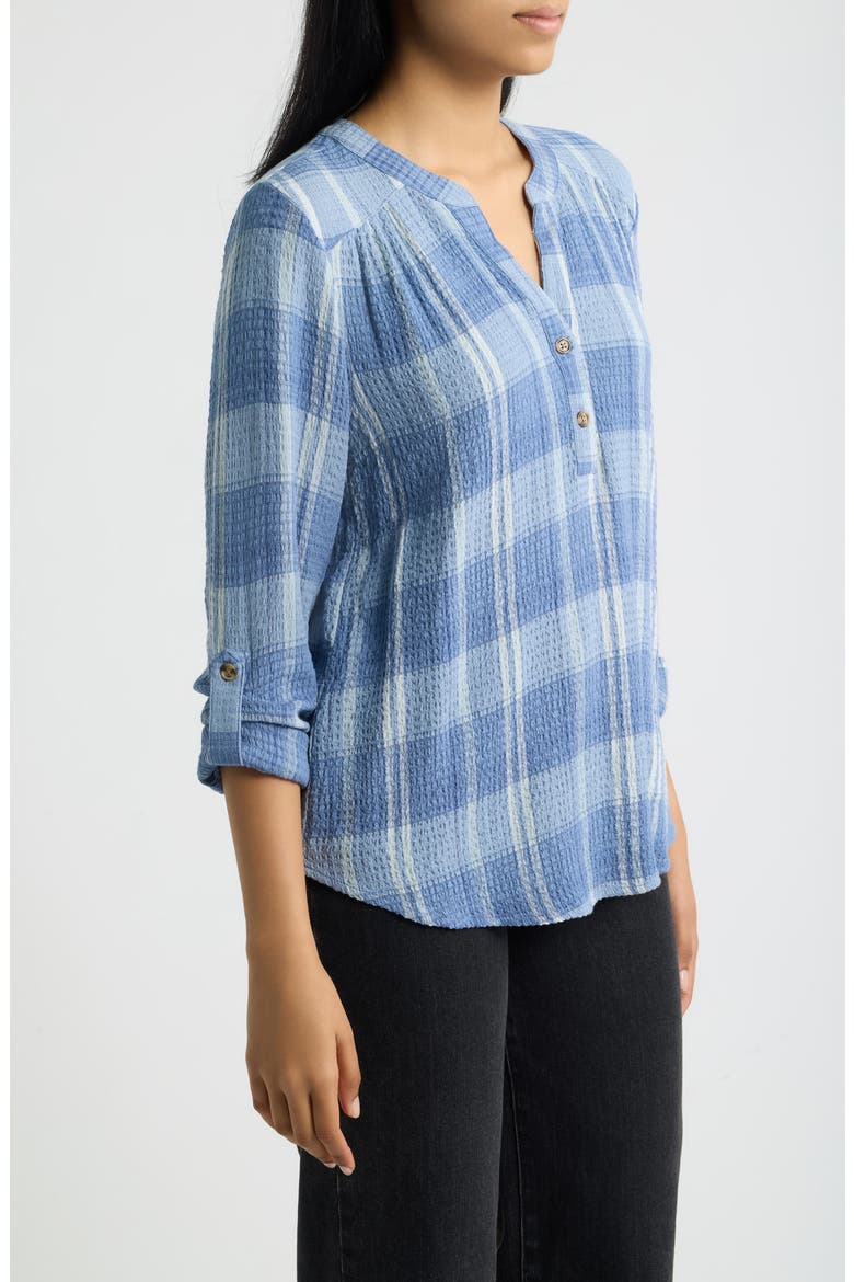 Roll Sleeve Plaid Top, Alternate, color, DENIM PLAID