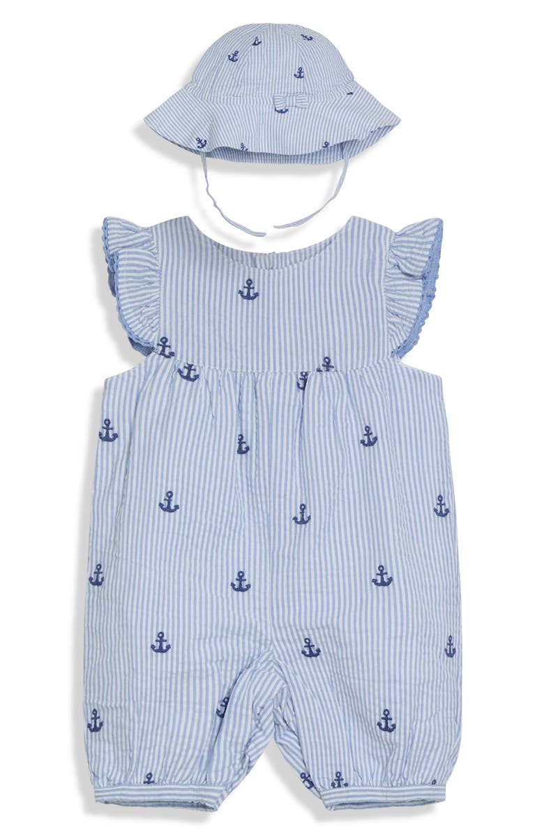 JOJO MAMAN BEBE Nautical Embroidered Romper & Sun Hat Set, Main, color, Blue