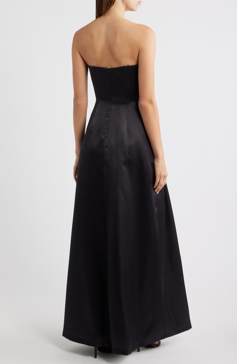 Eliza J Placed Floral Strapless Satin Ballgown, Alternate, color, Black Multi