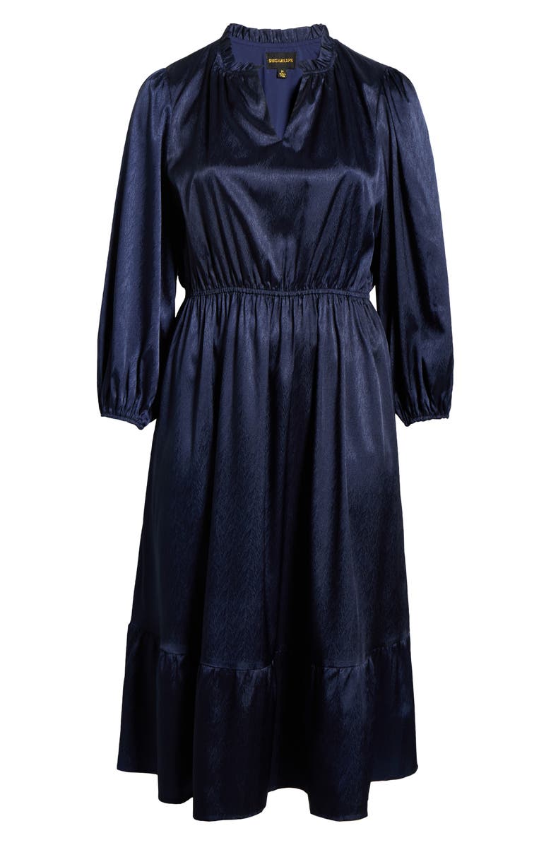 SUGARLIPS Fabiola Long Sleeve Satin Midi Dress, Alternate, color, Navy