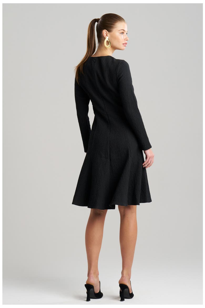 Textured Cotton Jacquard Fluted Hem Long Sleeve Midi Dress, Alternate, color, BLACK