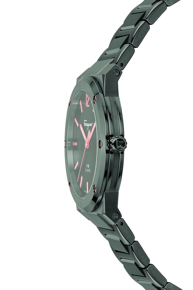 Salvatore Ferragamo F-80 Classic Gunmetal Bracelet Watch, 41mm, Alternate, color, GREY