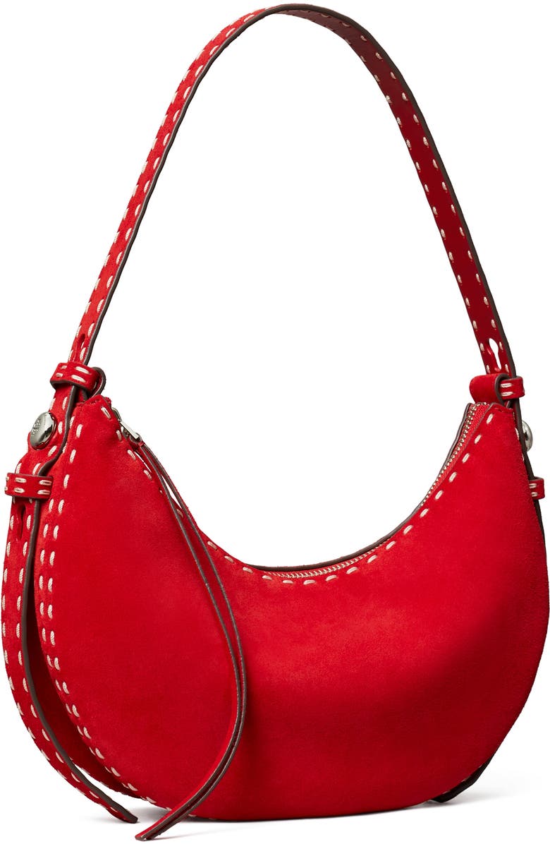Tory Burch Romy Suede Half Moon Shoulder Bag, Alternate, color, Red