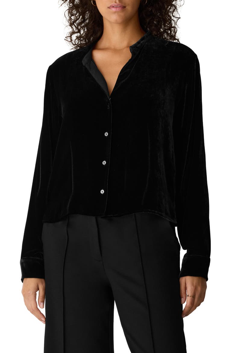 Mandarin Collar Velvet Button-Up Shirt, Main, color, BLACK