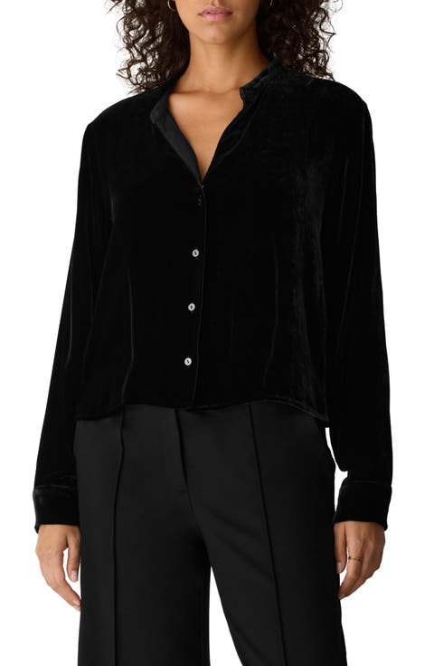 Mandarin Collar Velvet Button-Up Shirt
