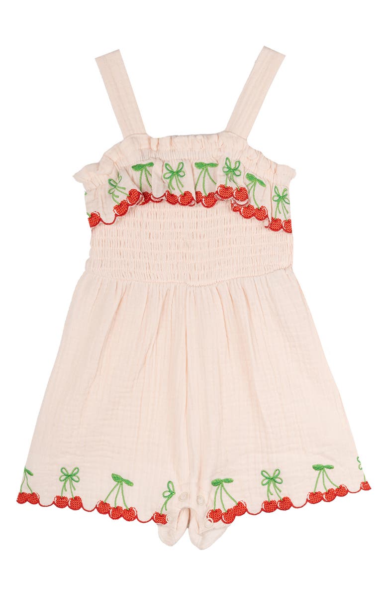 Rare Editions Cherry Embroidered Romper, Main, color,