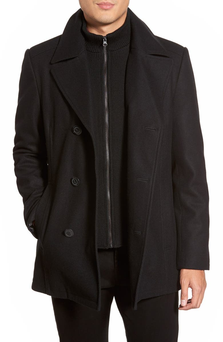 Black Rivet Double Breasted Wool Blend Peacoat, Alternate, color,