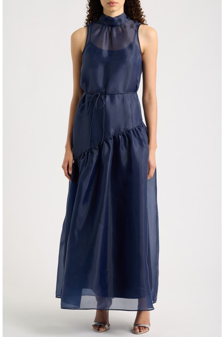 Tie Neck Organza Overlay Gown, Main, color, NAVY