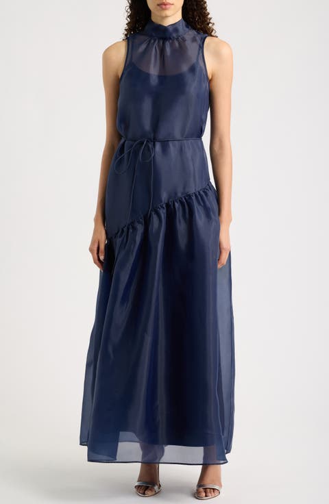 Tie Neck Organza Overlay Gown