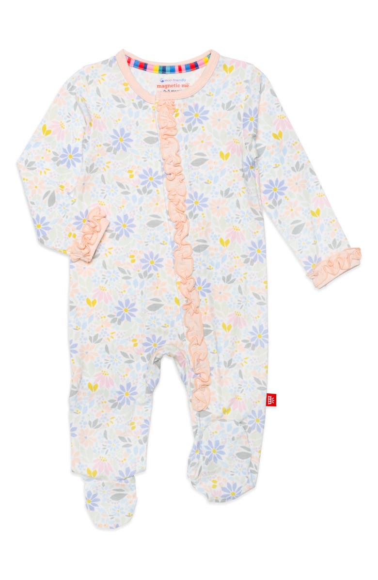 Magnetic Me Darby Print Ruffle Long Sleeve Footie, Main, color, 