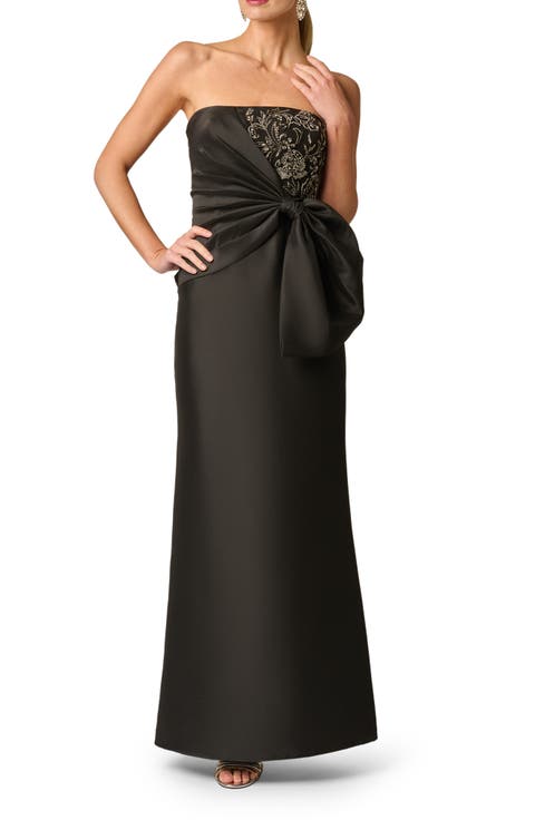 Bead & Bow Detail Strapless Mikado Gown