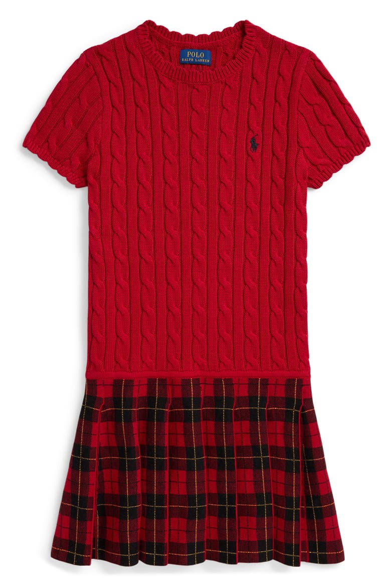 Kids' Cable Knit & Plaid Cotton Drop Waist Dress, Main, color, RED MU