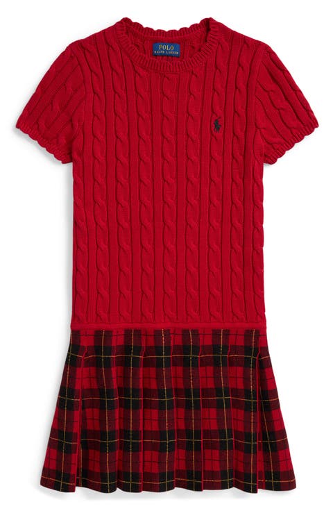 Kids' Cable Knit & Plaid Cotton Drop Waist Dress
