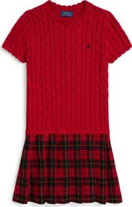 Polo Ralph Lauren Kids' Cable Knit & Plaid Cotton Drop Waist Dress