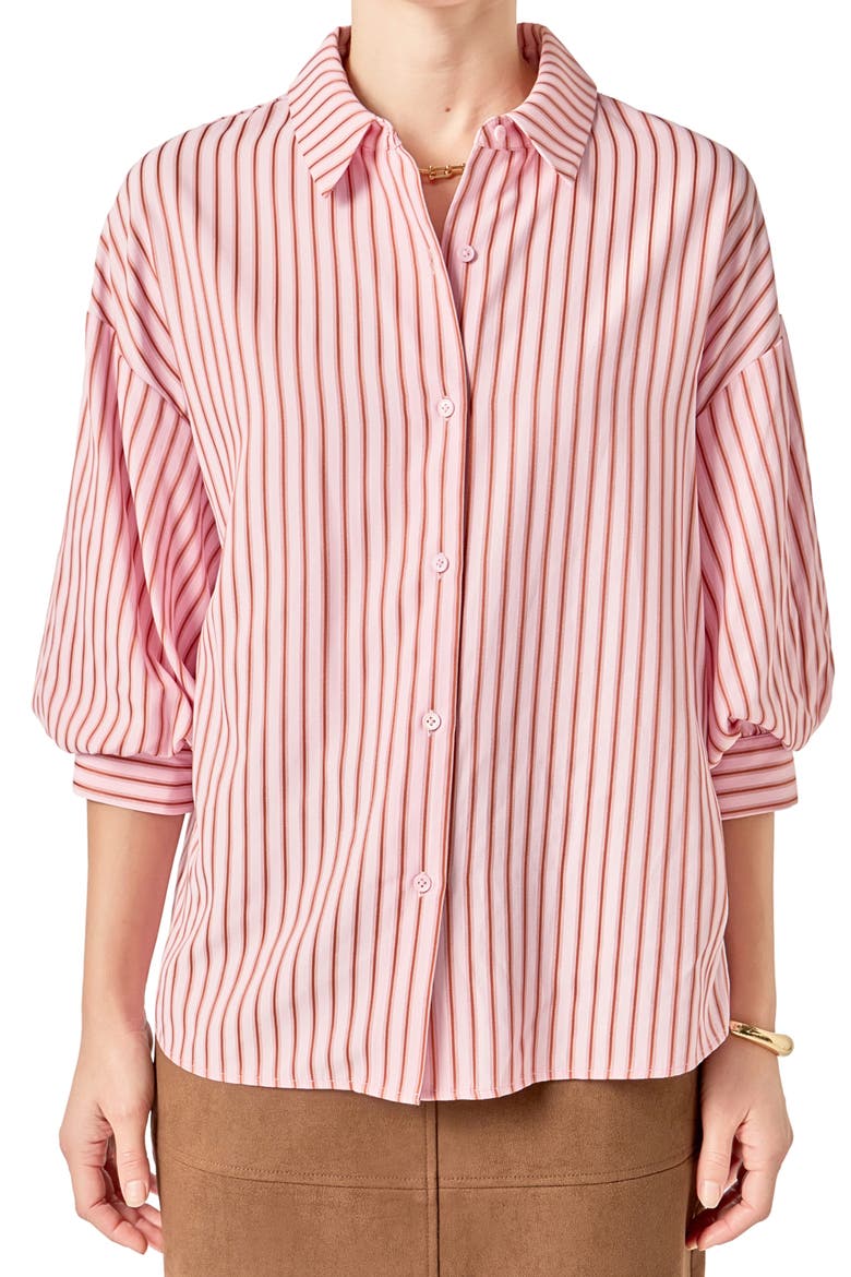Stripe Balloon Sleeve Button-Up Shirt, Alternate, color, PINK/ TAN