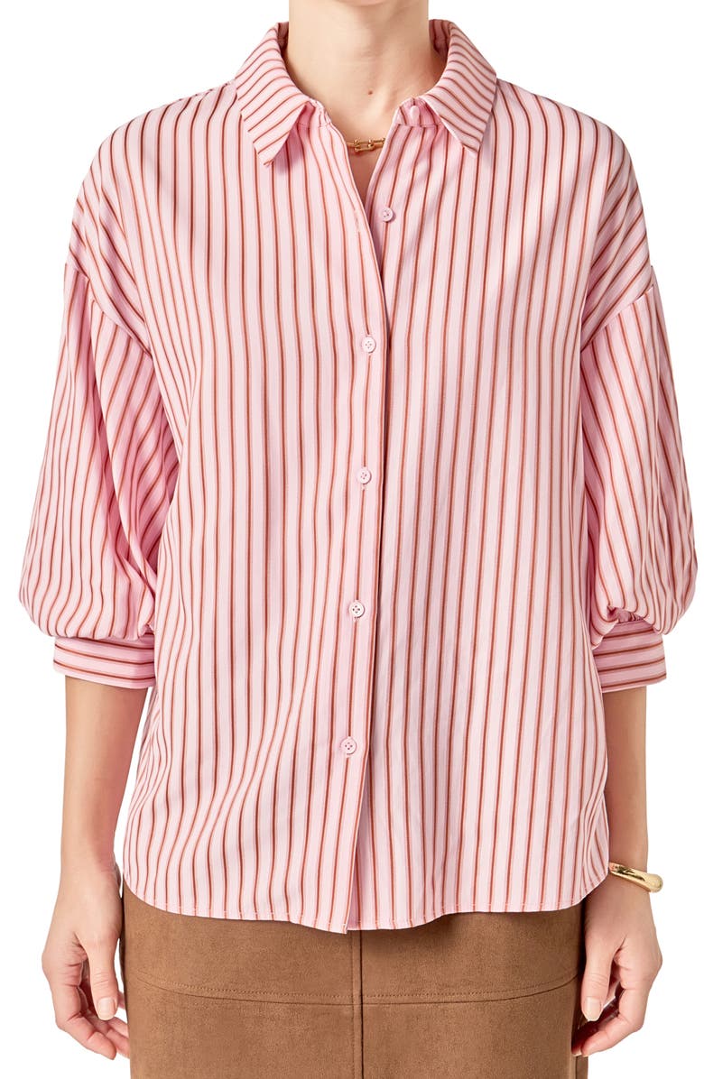English Factory Stripe Balloon Sleeve Button-Up Shirt, Alternate, color, Pink/ Tan