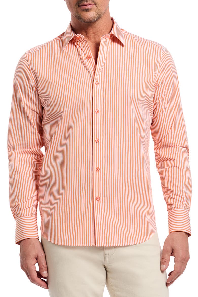 Greenwich Stripe Stretch Button-Up Shirt, Main, color, ORANGE