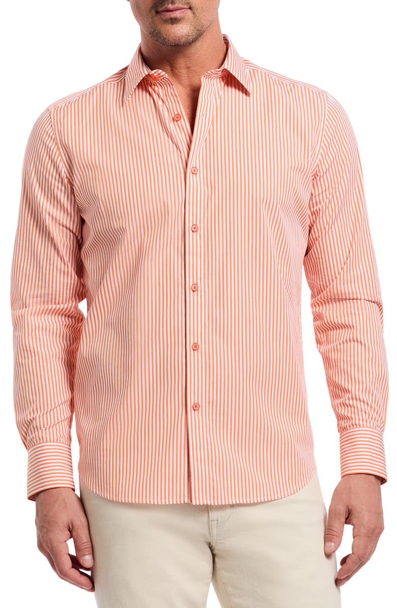 Robert Graham Greenwich Stripe Stretch Button-Up Shirt, Main, color, Orange