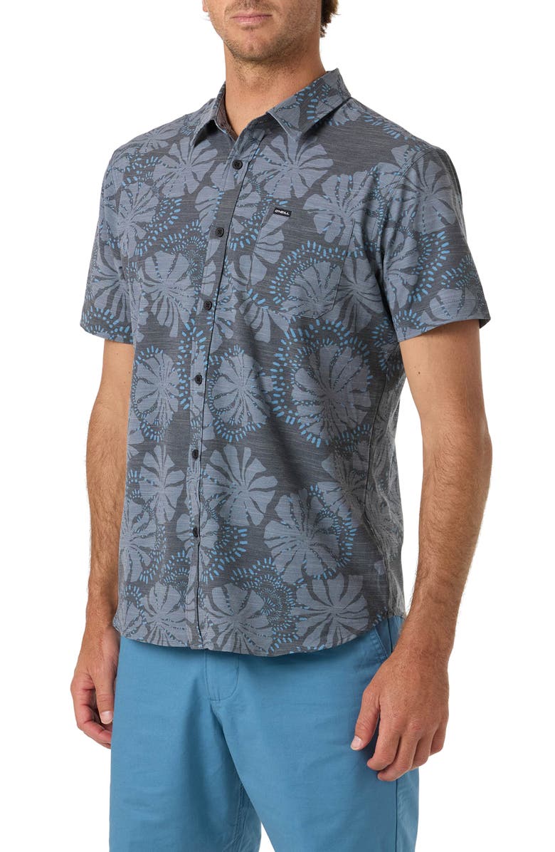 O'Neill UPF Slub Standard Short Sleeve Performance Button-Up Shirt, Alternate, color, Black